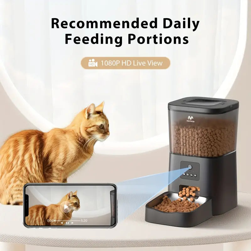 IMIPAW Smart Wi-Fi Cat Feeder with HD Camera, 1.06gal Automatic Pet Food Dispenser for Cats and Dogs, Dual Power Mode, ≤36V, Voice Recording, Remote Control via App, Stainless Steel Bowl, No Battery Included