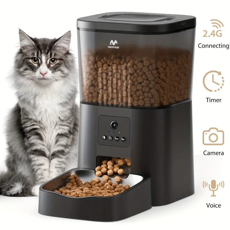 IMIPAW Smart Wi-Fi Cat Feeder with HD Camera, 1.06gal Automatic Pet Food Dispenser for Cats and Dogs, Dual Power Mode, ≤36V, Voice Recording, Remote Control via App, Stainless Steel Bowl, No Battery Included