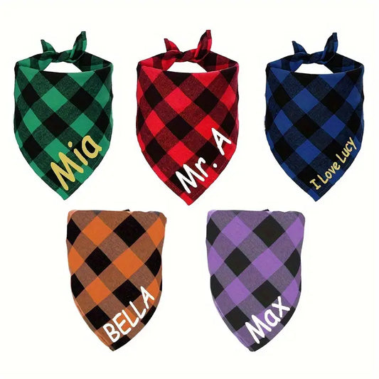 [Customized] Name Customized Plaid Dog Bandana, Pet Saliva Towel, Dog Scarf, Cat Accessories, Personalized Scarf, Polyester Material, 5 Colors