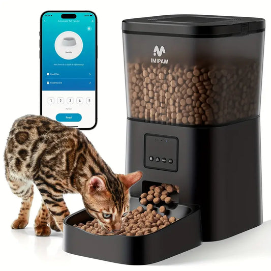 IMIPAW Smart Wi-Fi Cat Feeder with HD Camera, 1.06gal Automatic Pet Food Dispenser for Cats and Dogs, Dual Power Mode, ≤36V, Voice Recording, Remote Control via App, Stainless Steel Bowl, No Battery Included